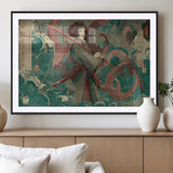 91666601-MGV-CV-36X24-Samurai Woman vs Octopus Wall Art – Japanese Ukiyo-e Green Robe Canvas Print, Ocean Battle Artwork for Living Room, Office, Man