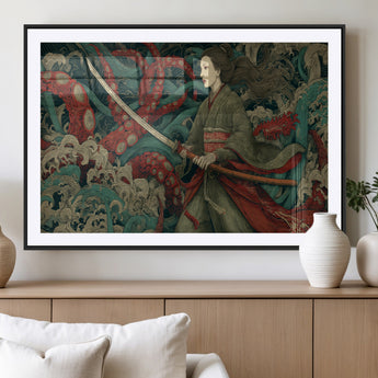 18902796-MGV-CV-36X24-Samurai Woman vs Octopus Wall Art – Japanese Ukiyo-e Green Kimono Canvas Print, Ocean Battle Scene Artwork for Living Room,