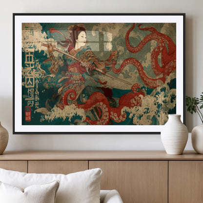 60201267-MGV-CV-36X24-Samurai Woman vs Octopus Wall Art – Japanese Ukiyo-e Armor Canvas Print, Red Tentacle Ocean Battle Artwork for Living Room,