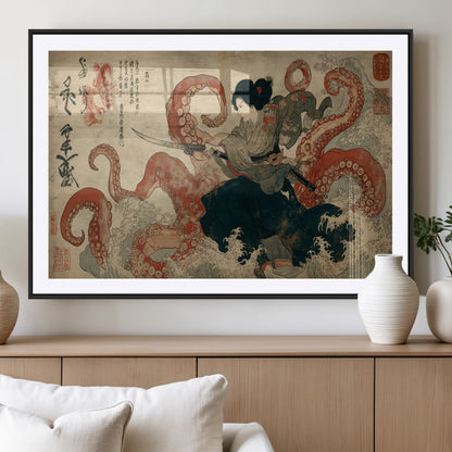 82737246-MGV-CV-36X24-Samurai Woman vs Octopus Wall Art – Japanese Ukiyo-e Dual Sword Canvas Print, Red Tentacle Ocean Battle Artwork for Living Room,