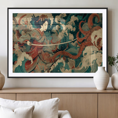 30212982-MGV-CV-36X24-Samurai Woman vs Octopus Wall Art – Japanese Ukiyo-e Style Warrior and Sea Monster Canvas Print, Mythology Inspired Artwork for