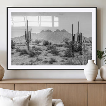97436PHN-MGC-FP-36x24_Black-Desert Landscape Wall Art – Black and White Cactus and Mountain Canvas Print, Southwestern Nature Photography for Living Room,