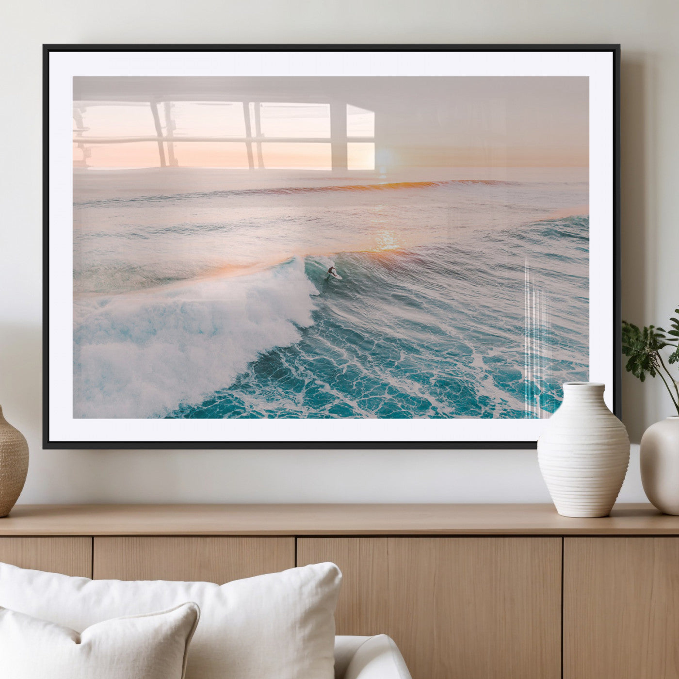 34064591-MGV-CV-36X24-Surfing Wall Art – Sunset Ocean Wave Canvas Print, Surfer Riding Sea Photography Decor for Bedroom, Living Room, Office, Coastal