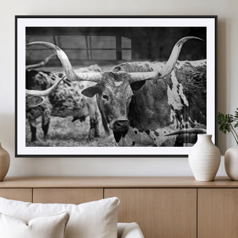 15425553-MGV-CV-36X24-Western Wall Art – Longhorn Cattle Black and White Canvas Print, Rustic Ranch Photography Decor for Bedroom, Living Room, Office,