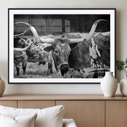 15425553-MGV-CV-36X24-Western Wall Art – Longhorn Cattle Black and White Canvas Print, Rustic Ranch Photography Decor for Bedroom, Living Room, Office,