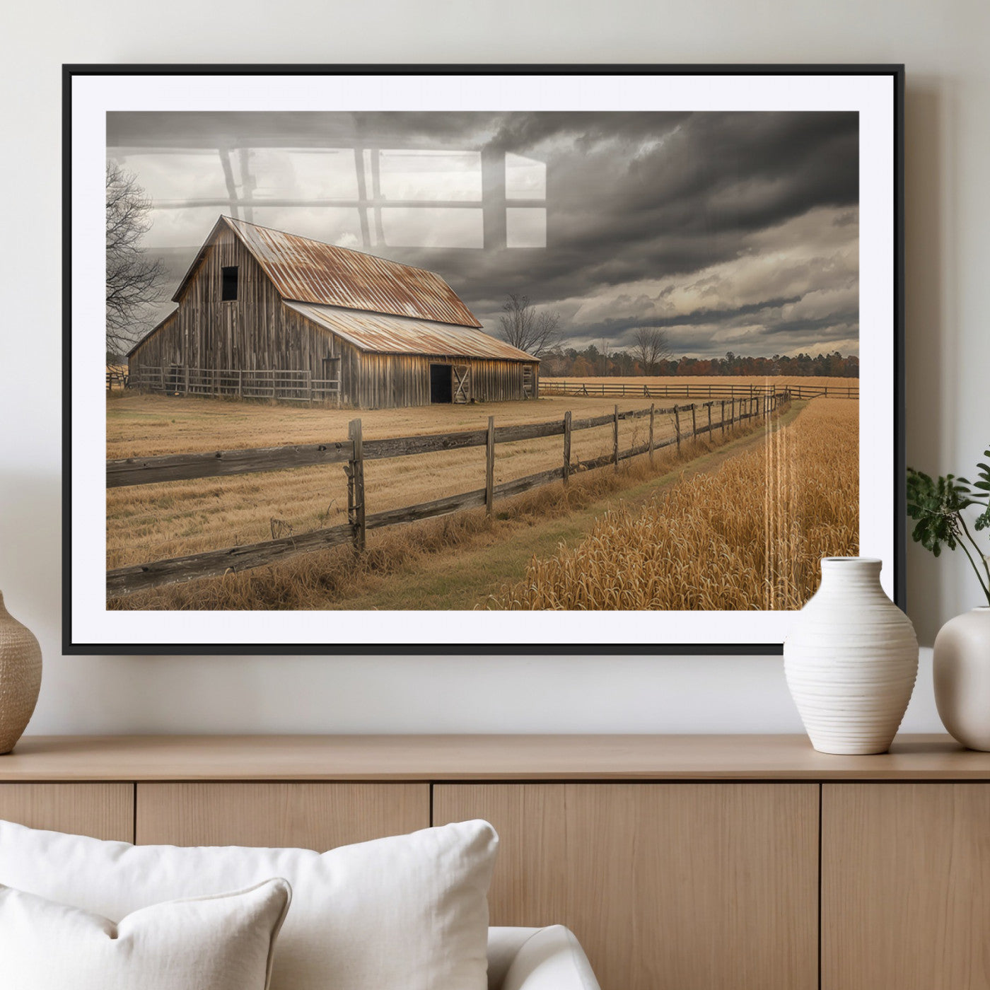 21991117-MGV-CV-36X24-Rustic Barn Wall Art – Weathered Farmhouse Canvas Print, Stormy Sky and Golden Field Photography Decor for Bedroom, Living Room,