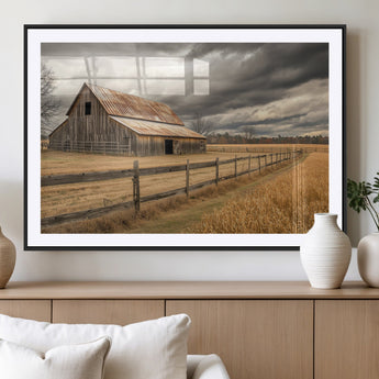 21991117-MGV-CV-36X24-Rustic Barn Wall Art – Weathered Farmhouse Canvas Print, Stormy Sky and Golden Field Photography Decor for Bedroom, Living Room,
