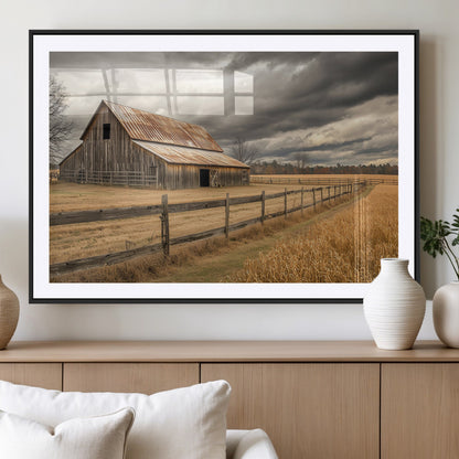 21991117-MGV-CV-36X24-Rustic Barn Wall Art – Weathered Farmhouse Canvas Print, Stormy Sky and Golden Field Photography Decor for Bedroom, Living Room,