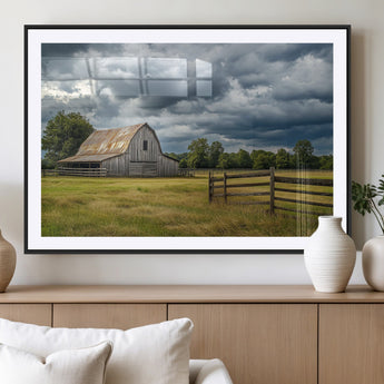 39409517-MGC-FP-36x24_Black-Rustic Barn Wall Art – Weathered Farmhouse and Storm Clouds Canvas Print, Country Landscape Photography Decor for Bedroom, Living