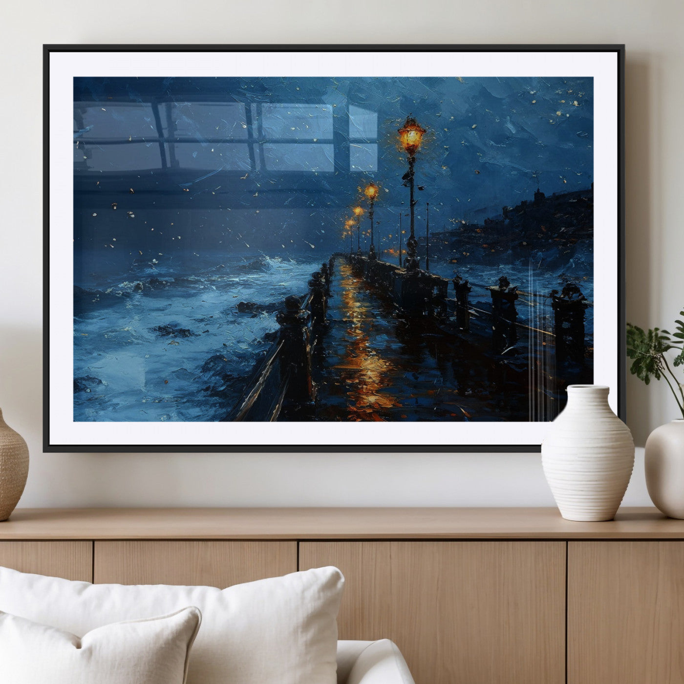 48300530-MGV-CV-36X24-Night Pier Wall Art – Moody Ocean Boardwalk Canvas Print, Impressionist Coastal Seascape Painting Decor for Living Room, Office,