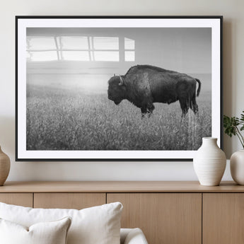 90861202-MGV-CV-36X24-Black and White Bison Canvas Wall Art – Rustic American Buffalo Print, Western Wildlife Photography for Farmhouse, Cabin, Office