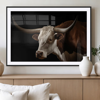 27414857-MGC-FP-36x24_Black-Texas Longhorn Bull Canvas Wall Art – Rustic Western Farmhouse Decor, Brown & White Cow Portrait, Animal Print for Ranch Home