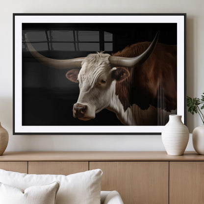 27414857-MGC-FP-36x24_Black-Texas Longhorn Bull Canvas Wall Art – Rustic Western Farmhouse Decor, Brown & White Cow Portrait, Animal Print for Ranch Home