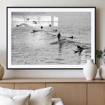 68018616-MGV-CV-36X24-Black and White Surf Photography Print – Minimalist Ocean Wall Art, Surfers Riding Waves, Coastal Beach Decor for Modern Home or