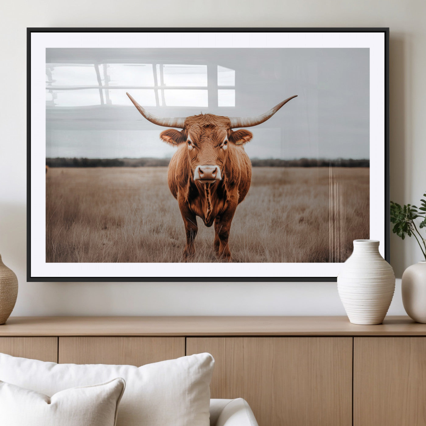 16316734-MGV-CV-36X24-Texas Longhorn Wall Art – Rustic Bull Portrait Canvas Print, Western Farmhouse Animal Photography Decor for Living Room, Office,