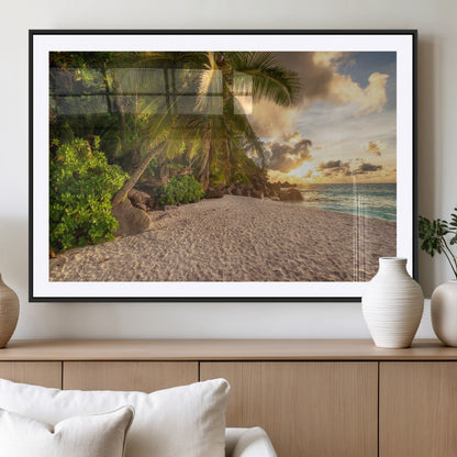 89531159-MGV-CV-36X24-Tropical Beach Sunset Canvas Wall Art – Palm Trees Golden Sand Ocean Waves Coastal Paradise Print for Beach House Bedroom Bathroom
