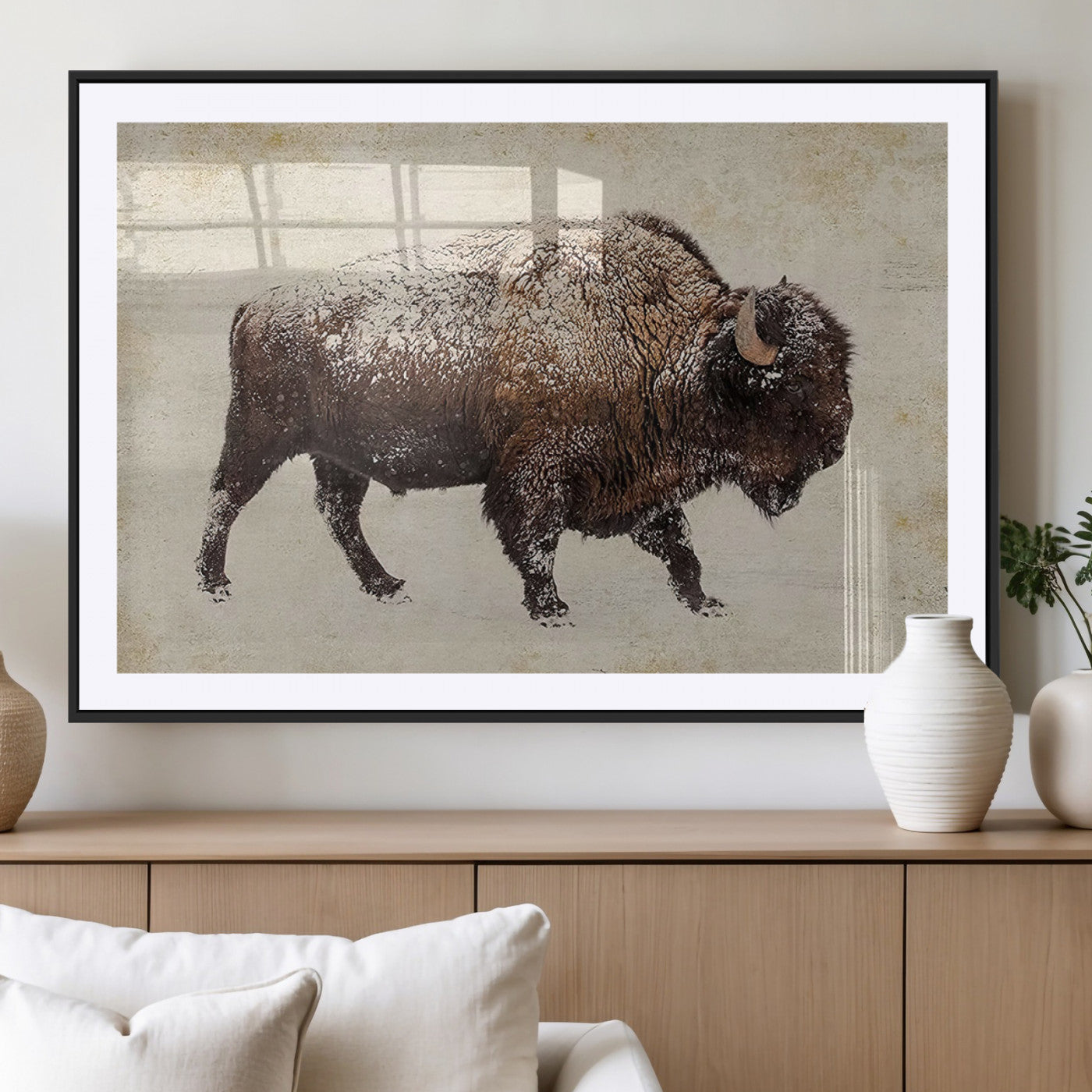 54810031-MGV-CV-36X24-Western Wall Art – Snow Covered Bison Canvas Print, Rustic Wildlife Photography Decor for Bedroom, Living Room, Office, Lodge,