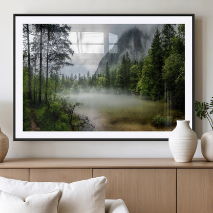 93123937-MGV-CV-36X24-Landscape Wall Art – Misty Mountain Lake Canvas Print, Tranquil Forest and Waterfall Photography Decor for Bedroom, Living Room,
