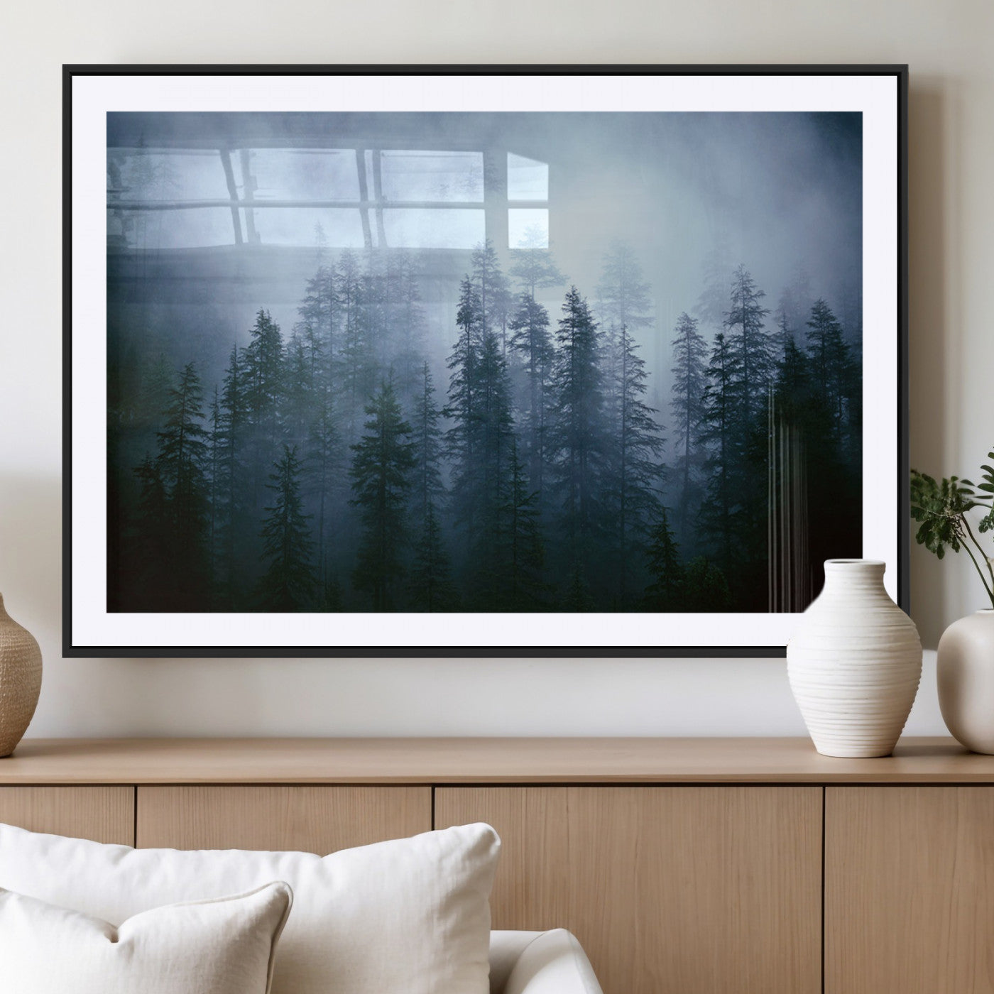 93439624-MGV-CV-36X24-Forest Wall Art – Misty Pine Trees Canvas Print, Moody Nature Photography Decor for Bedroom, Living Room, Office, Cabin, Lodge or