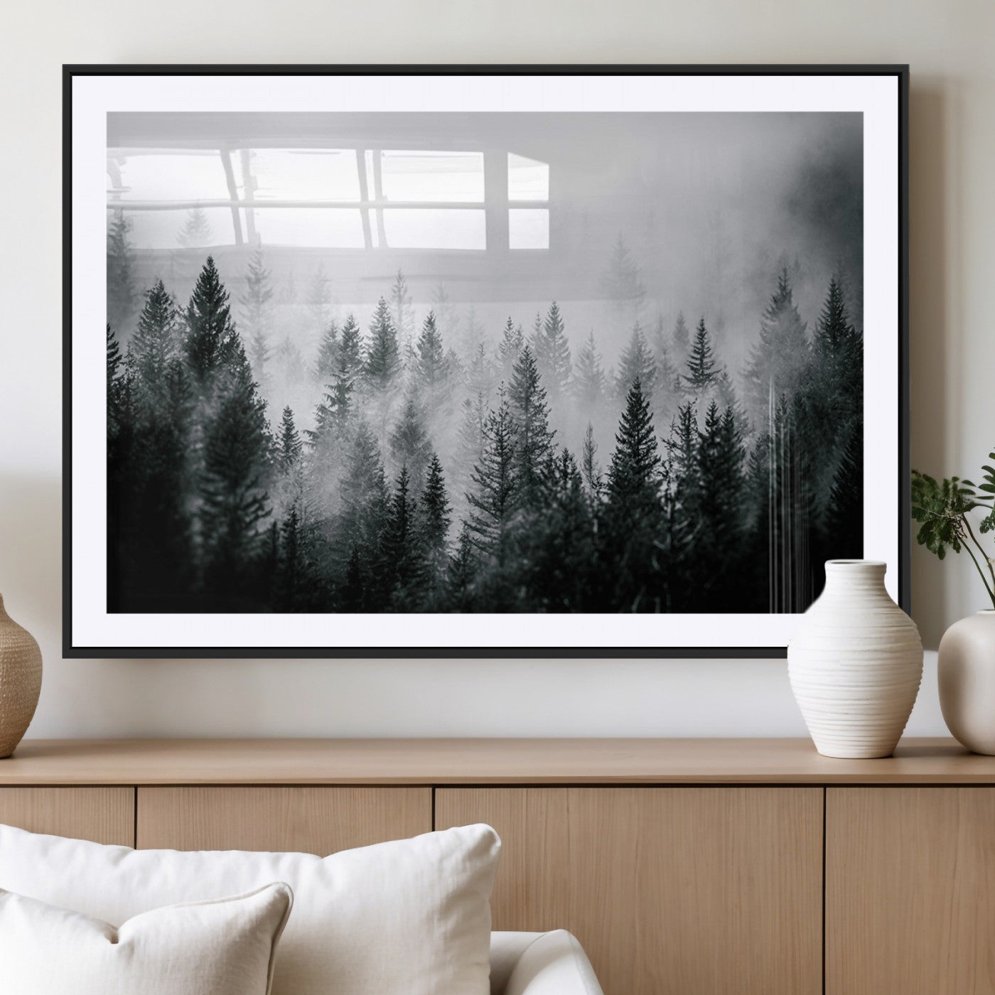 87750525-MGV-CV-36X24-Foggy Pine Forest Wall Art Canvas Print, Pine Landscape Print, Framed Nordic Pine Forest Art Print, Large Misty Forest Printing
