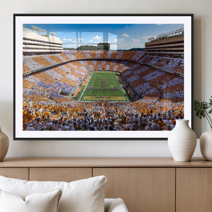 64238859-MGV-CV-36X24-Neyland Stadium Wall Art – Panoramic Tennessee Volunteers Power T Checkerboard Crowd Canvas Print, Day Game Football Band Sports