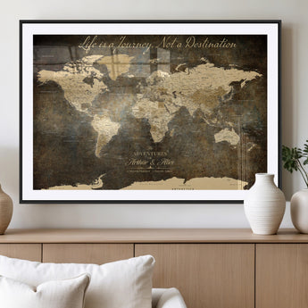 13394308-MGV-CV-36X24-Personalized World Map Wall Art – Dark Rustic Vintage Adventure Travel Map with Custom Couple Names, Timeless Wall Decor for Home