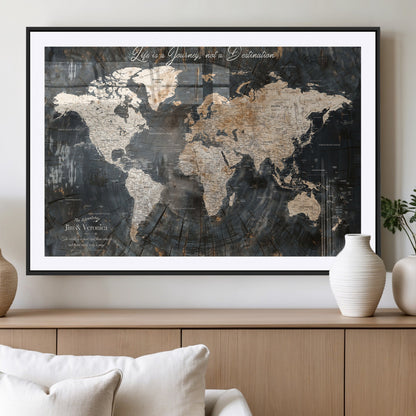 55548943-MGV-CV-36X24-Personalized World Map Wall Art – Rustic Wood Texture Adventure Travel Map with Custom Couple Names, Vintage Dark Wall Decor for