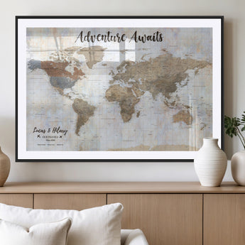30792405-MGV-CV-36X24-Personalized World Map Wall Art – Rustic Beige Adventure Travel Map with Custom Couple Names, Vintage Wall Decor for Home or