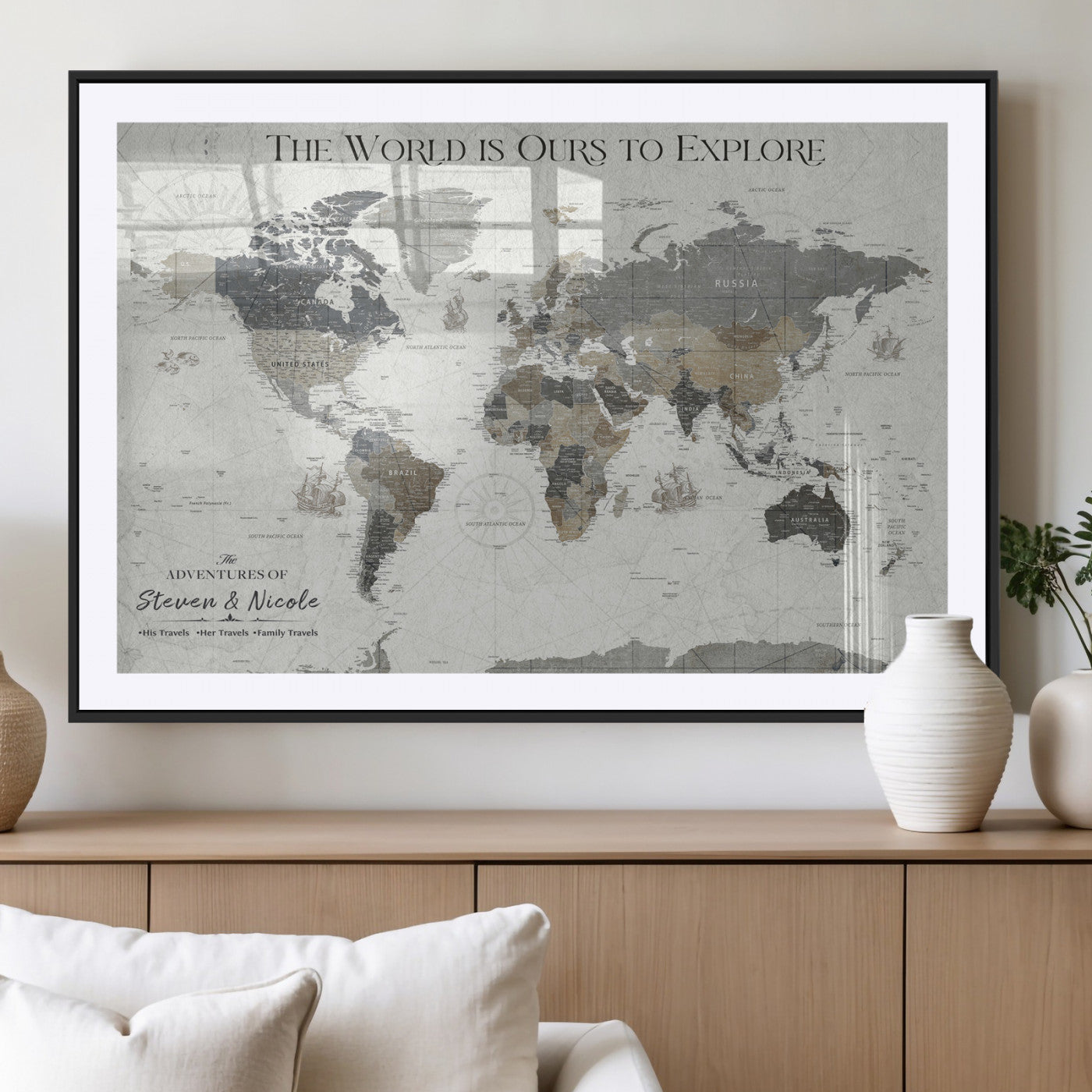 97082026-MGV-CV-36X24-Personalized World Map Wall Art – Vintage Gray Adventure Travel Map with Custom Couple or Family Names, Rustic Wall Decor for Home