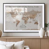 43869621-MGV-CV-36X24-Personalized World Map Wall Art – Light Beige Sepia Adventure Travel Map with Custom Family or Couple Names, Rustic Wall Decor for