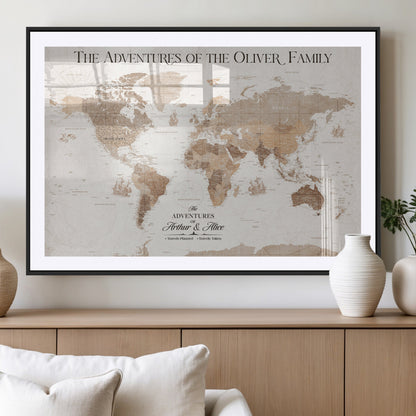 43869621-MGV-CV-36X24-Personalized World Map Wall Art – Light Beige Sepia Adventure Travel Map with Custom Family or Couple Names, Rustic Wall Decor for