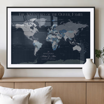 76726424-MGV-CV-36X24-Personalized World Map Wall Art – Navy Blue & Grey Adventure Travel Map with Custom Family or Couple Names, Modern Wall Decor for
