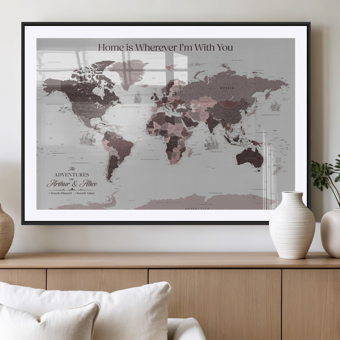 33204797-MGV-CV-36X24-Personalized World Map Wall Art – Burgundy & Grey Adventure Travel Map with Custom Names, Romantic Wall Decor for Couples, Home or