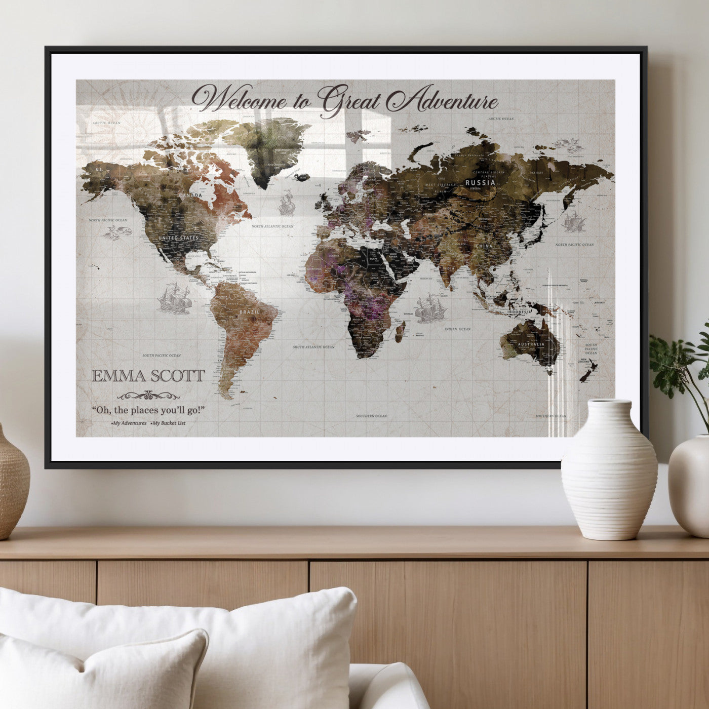 33631532-MGV-CV-36X24-Personalized World Map Wall Art – Dark Vintage Adventure Travel Map with Custom Names, Rustic Wall Decor for Couples, Home or