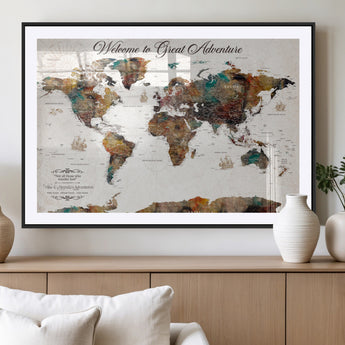 67029173-MGV-CV-36X24-Personalized World Map Wall Art – Colorful Vintage Adventure Travel Map with Custom Couple Names, Rustic Wall Decor for Home,