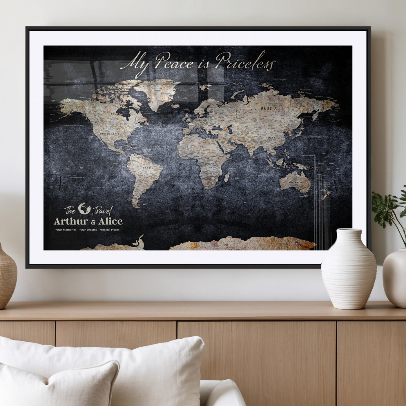 85403043-MGC-FP-36x24_Black-Personalized World Map Wall Art – Dark Blue Rustic Adventure Map with Custom Couple Names, Vintage Wall Decor for Home or Travel