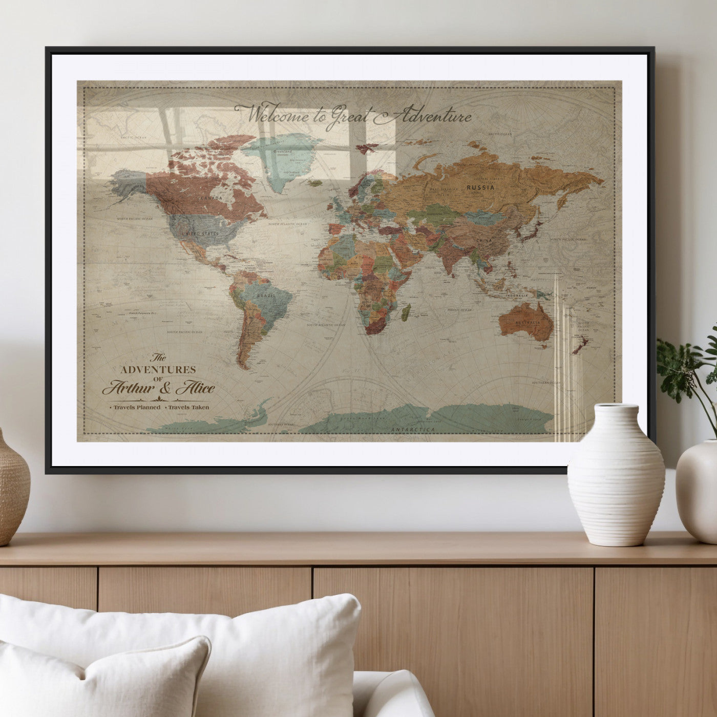 43497401-MGV-CV-36X24-Personalized World Map Wall Art – Vintage Rustic Adventure Travel Map with Custom Couple Names, Welcome to Great Adventure Wall