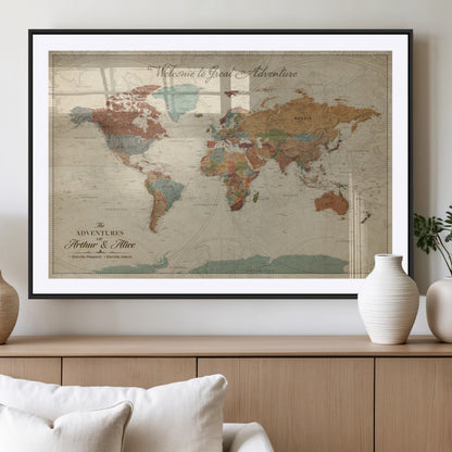43497401-MGV-CV-36X24-Personalized World Map Wall Art – Vintage Rustic Adventure Travel Map with Custom Couple Names, Welcome to Great Adventure Wall