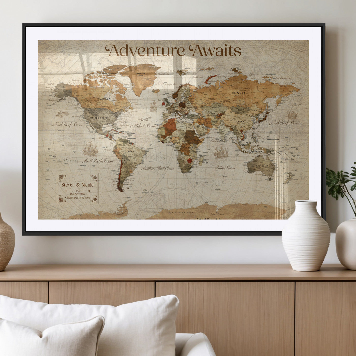 18685073-MGV-CV-36X24-Personalized World Map Wall Art – Antique Vintage Parchment Adventure Awaits Travel Map with Custom Couple Names, Rustic Wall