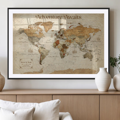 18685073-MGV-CV-36X24-Personalized World Map Wall Art – Antique Vintage Parchment Adventure Awaits Travel Map with Custom Couple Names, Rustic Wall