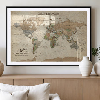 62766900-MGV-CV-36X24-Personalized World Map Wall Art – Antique Parchment Adventure Travel Map with Custom Couple Names, Rustic Wall Decor for Home,