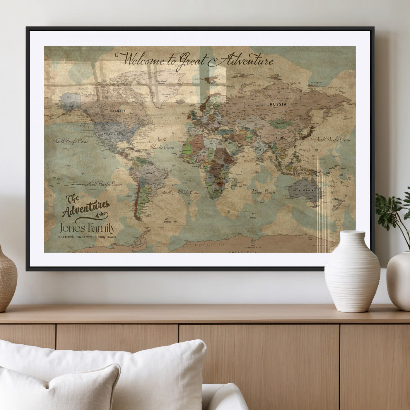 32019746-MGV-CV-36X24-Personalized World Map Wall Art – Vintage Camo Adventure Travel Map with Custom Family Names, Rustic Wall Decor for Couples, Home