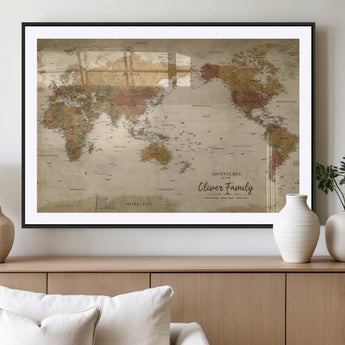 31874045-MGV-CV-36X24-Personalized World Map Wall Art – Vintage Earth Tone Adventure Map with Custom Family Names, Rustic Travel Decor for Home, Couples