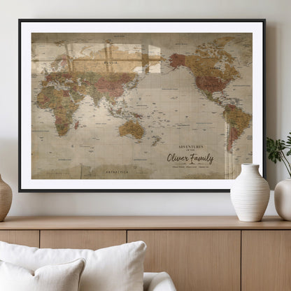 31874045-MGV-CV-36X24-Personalized World Map Wall Art – Vintage Earth Tone Adventure Map with Custom Family Names, Rustic Travel Decor for Home, Couples