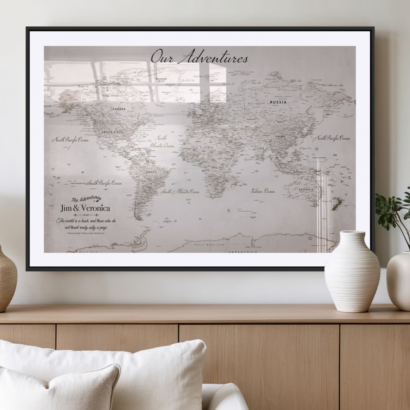 11706567-MGV-CV-36X24-Personalized World Map Wall Art – Minimalist Beige Adventure Travel Map with Custom Names, Elegant Push Pin Canvas for Couples,