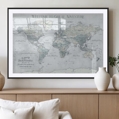 70605050-MGV-CV-36X24-Personalized World Map Wall Art – Cool Gray Adventure Travel Map with Custom Names, Elegant Push Pin Canvas for Couples, Family