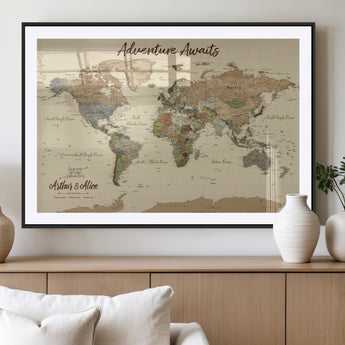 53442996-MGV-CV-36X24-Personalized World Map Wall Art – Adventure Awaits Vintage Travel Map with Custom Couple Names, Rustic Wall Decor for Home,