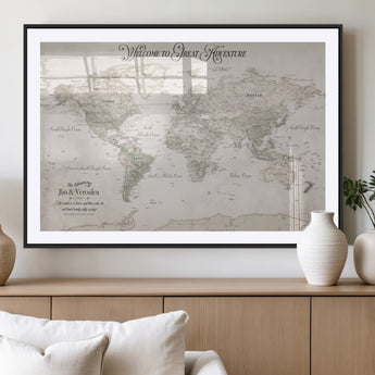 93034948-MGV-CV-36X24-Personalized World Map Wall Art – Vintage Beige Adventure Travel Map with Custom Names, Elegant Push Pin Canvas for Couples,