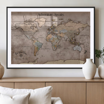 93226713-MGV-CV-36X24-Personalized World Map Wall Art – Adventure Awaits Rustic Earth-Tone Travel Map with Custom Names, Vintage Wall Decor for Couples,
