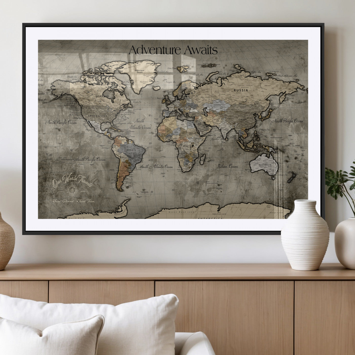 72658967-MGV-CV-36X24-Personalized World Map Wall Art – Adventure Awaits Rustic Sepia Travel Map with Custom Names, Vintage Wall Decor for Couples, Home